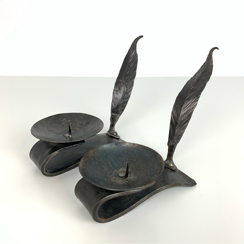 Set Of 2 Metal Iron Candle Holder Signed Rousseau Handforged Feather Vtg Black